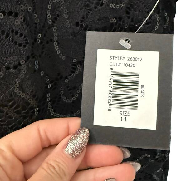Marina Black Sequin Sheer Long Sleeve V-Neck Low Back Dress size 14 NEW Tags - Picture 3 of 12